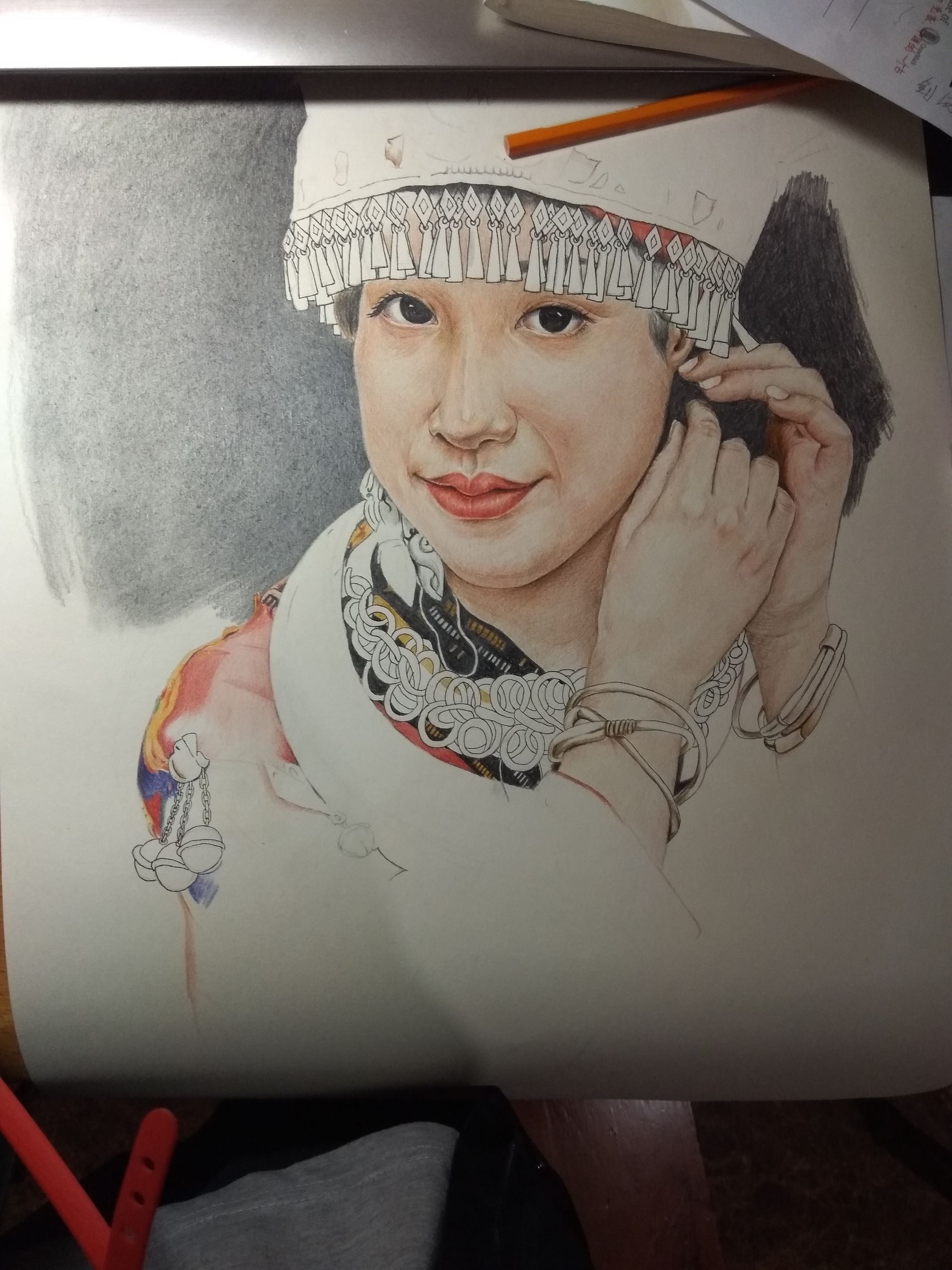 马克笔画苗族少女,苗族姑娘彩铅画