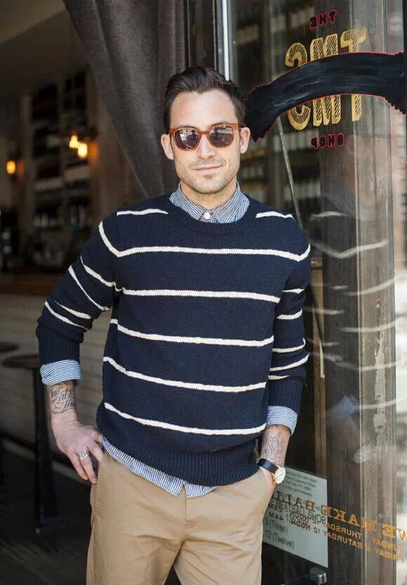 毛衣与衬衫的时髦搭配法,男士圆领蓝色毛衣搭配什么衬衫