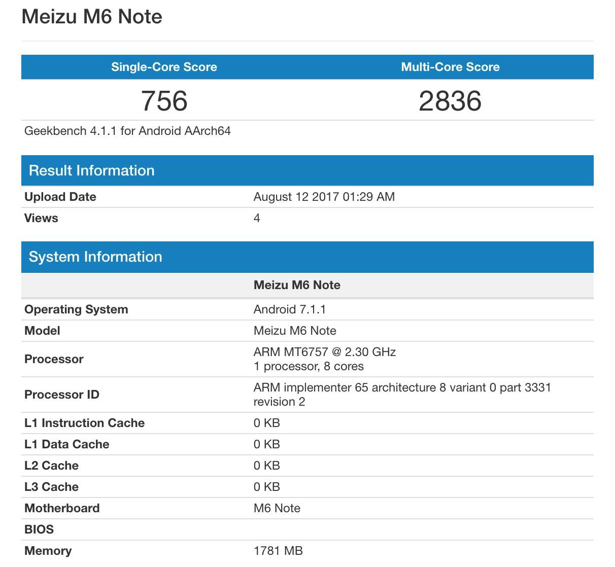 魅蓝Note6搭载联发科P20跑分现身？应该是假的