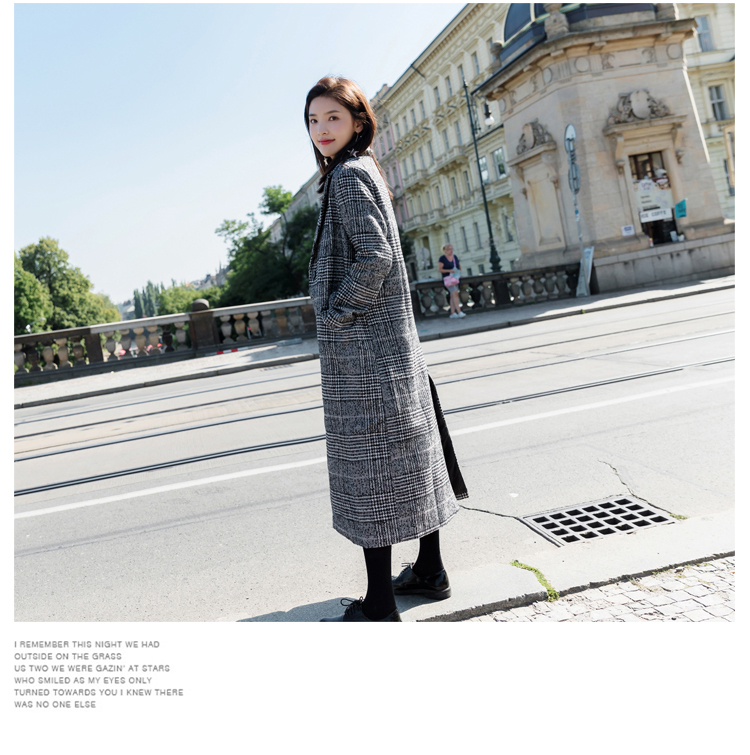 长款毛呢女外套，千鸟格加厚呢子大衣