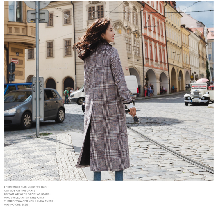 长款毛呢女外套，千鸟格加厚呢子大衣