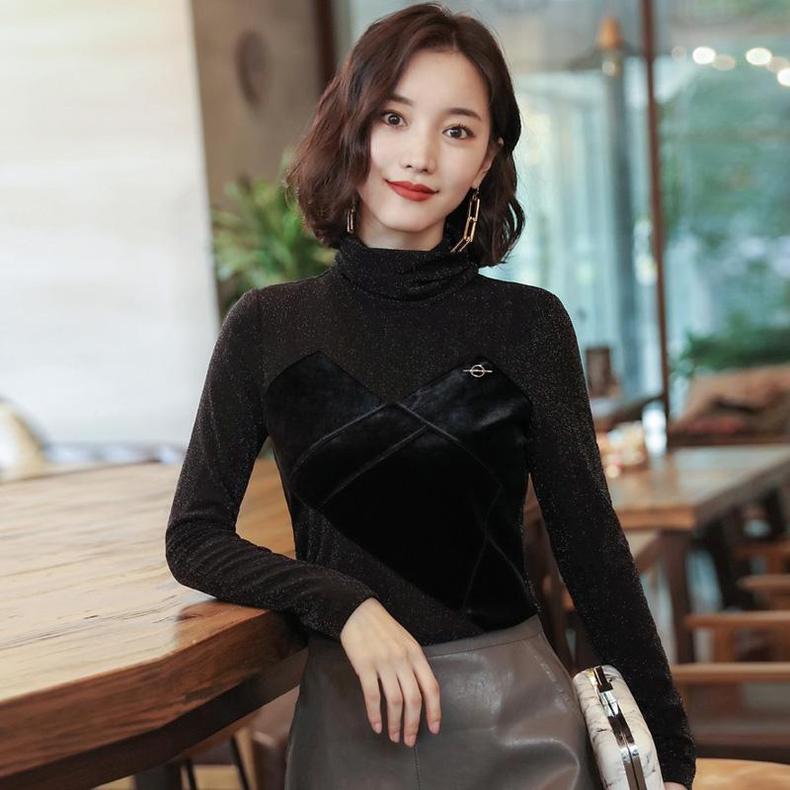 黑色中领打底衫秋冬女厚,百搭秋冬必备万能打底衫黑色的