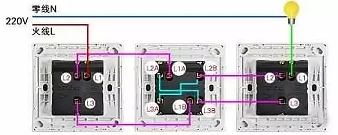 单控三控开关接线图实物图,电工单开四控接线方法