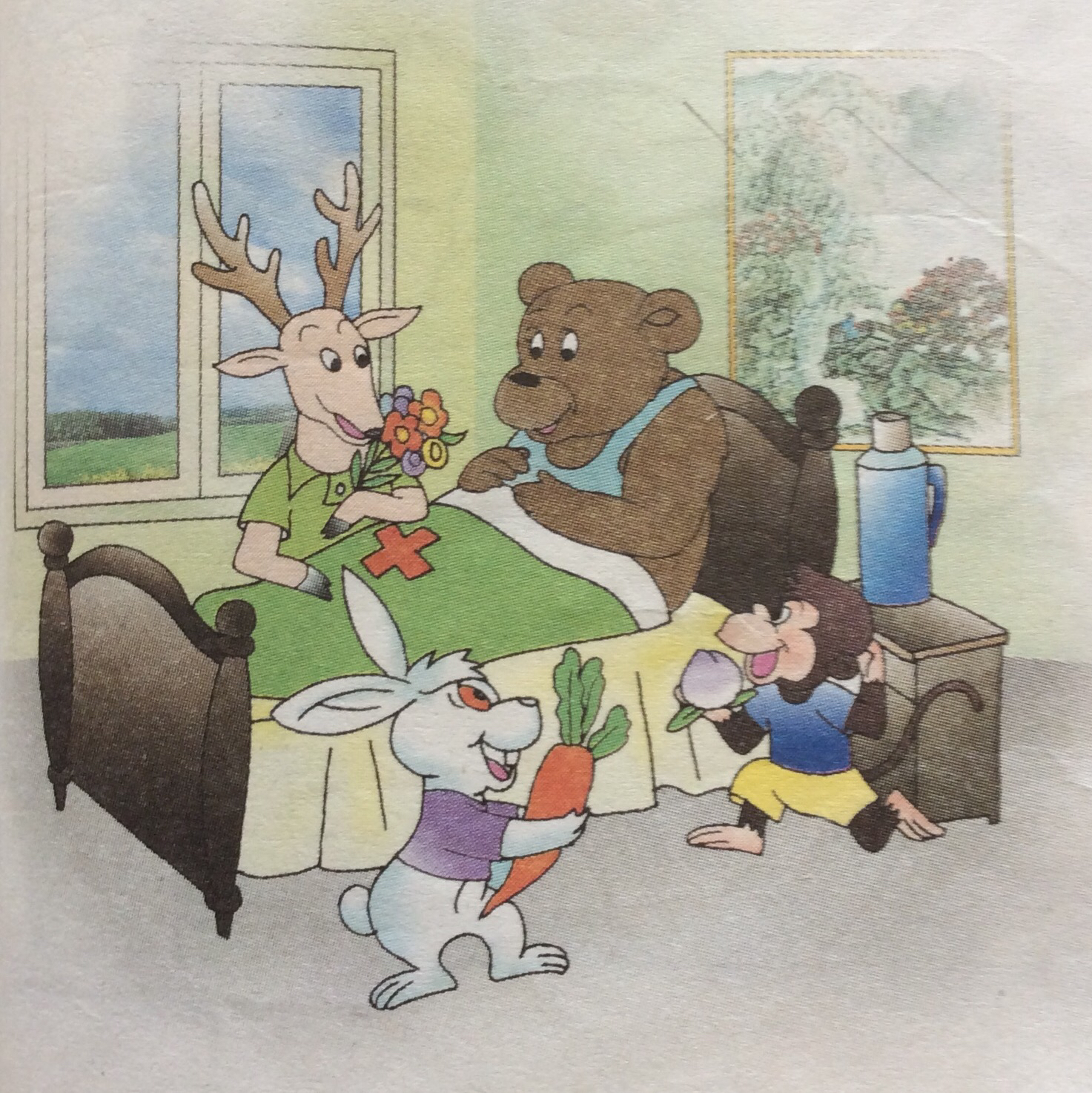 小熊生病的看图写话,小兔小熊小猴看望病人看图写话