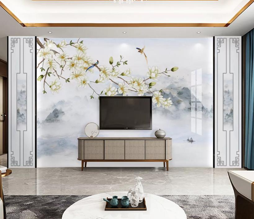 新中式石材背景墙效果图,新中式灰色瓷砖乳胶漆电视背景墙
