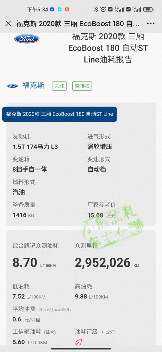 福克斯2012款1.6自动油耗是多少,美系车福特百公里油耗9.2