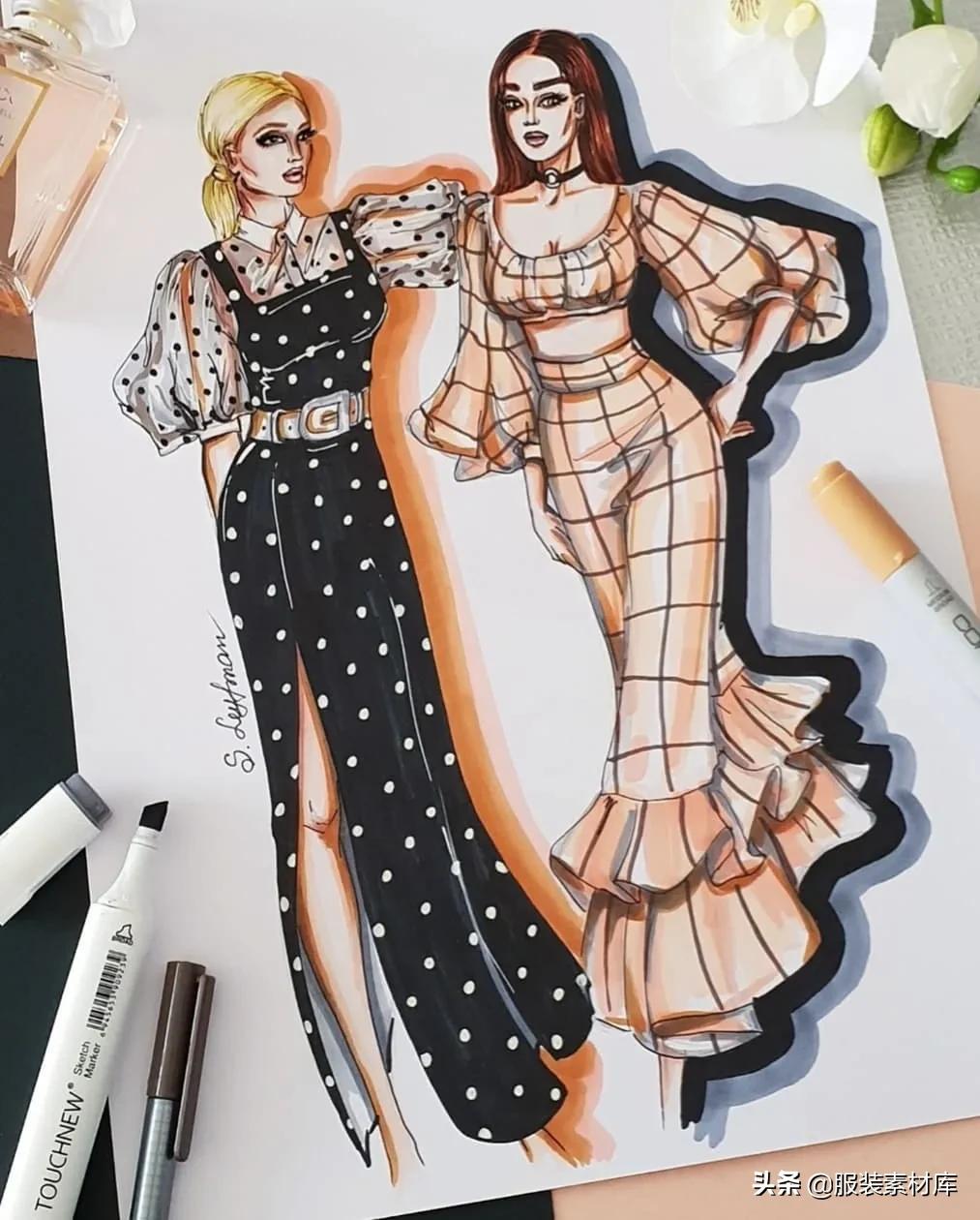 马克笔时装手绘,时装效果图马克笔