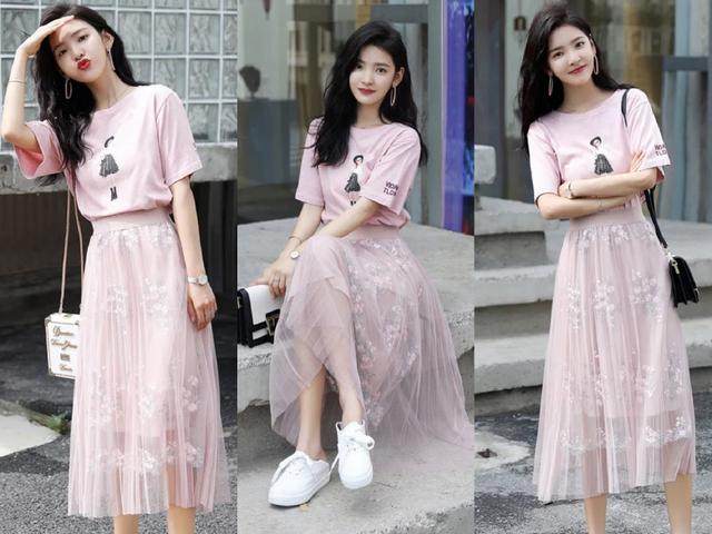 时尚夏季t恤半身裙套装,白色纱裙搭什么颜色的t恤好看