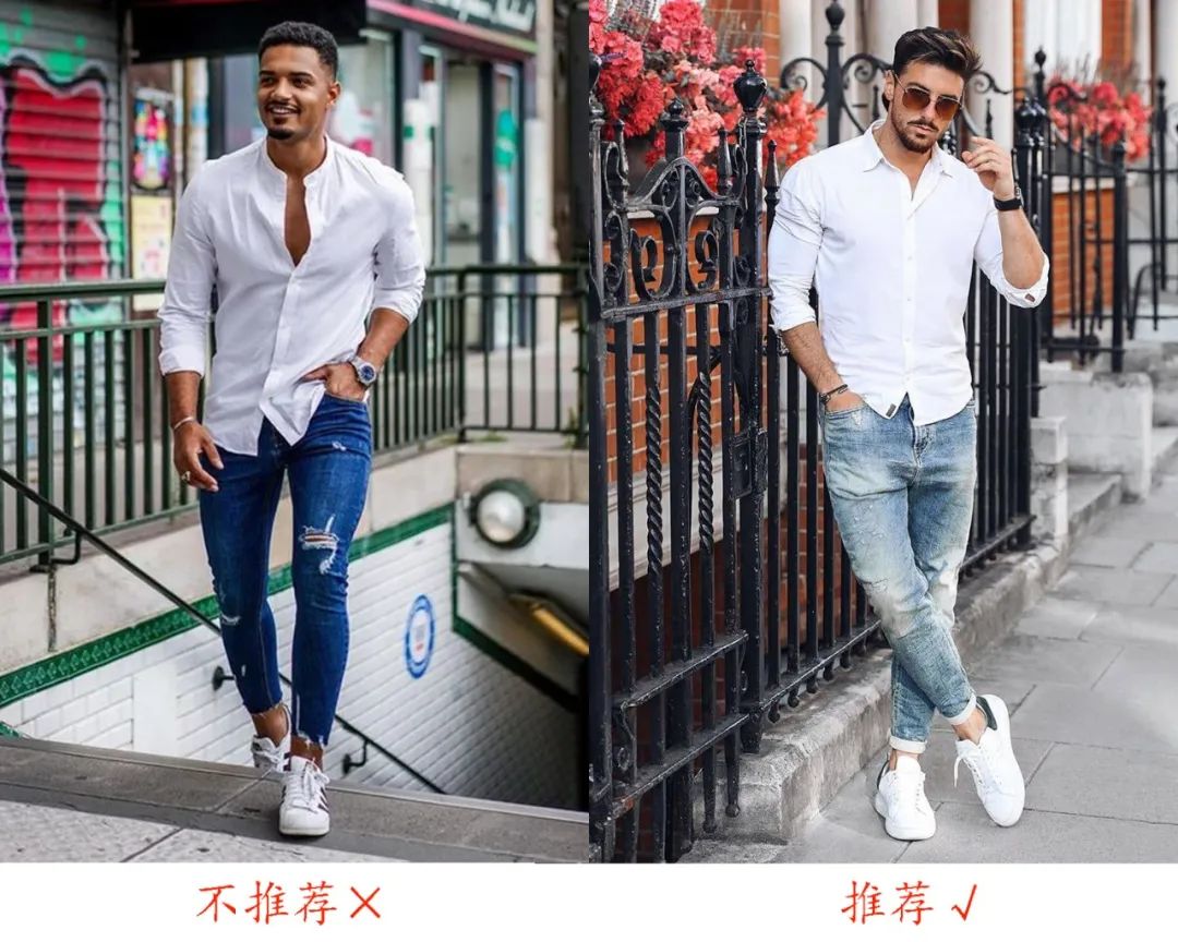 男白色衬衫搭配印花牛仔裤合适吗,男生黑色衬衫配什么颜色的牛仔裤
