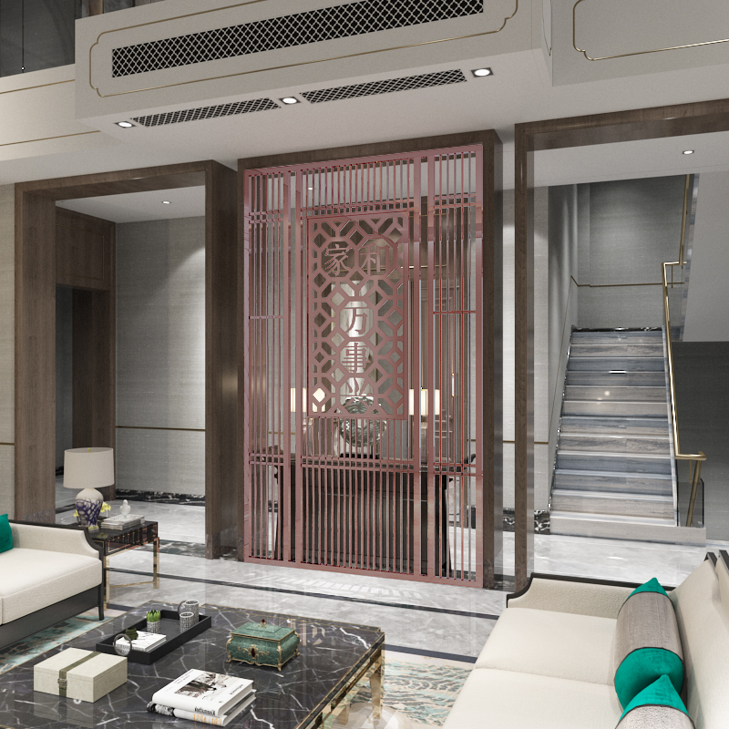 新中式不锈钢屏风客厅,高档家装新中式不锈钢屏风