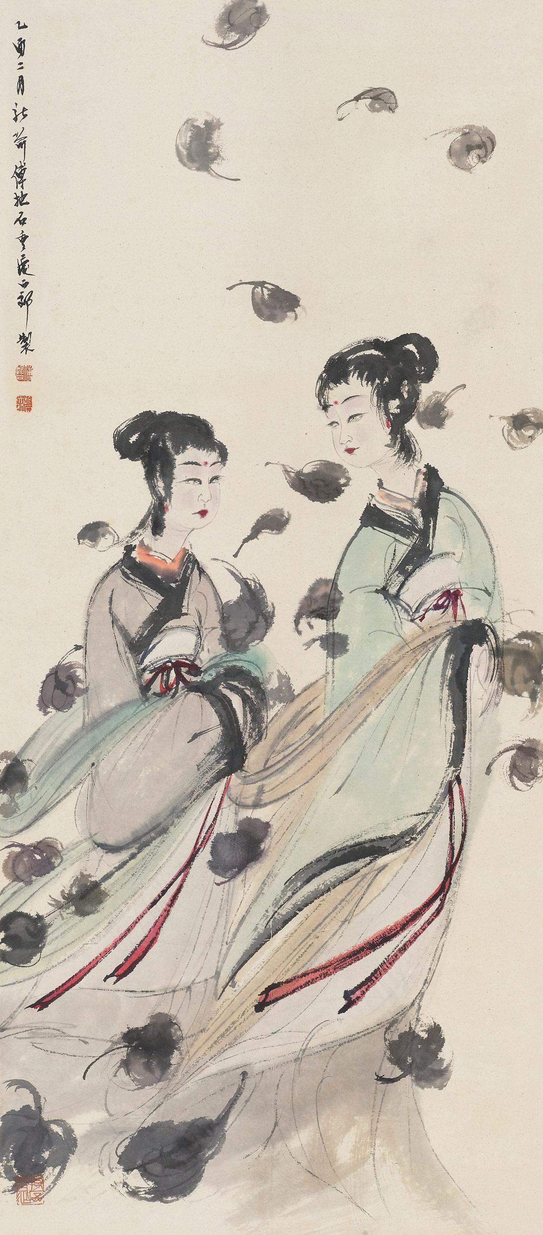 傅抱石创作国画天女散花图,傅抱石的国画作品《一望大江开》