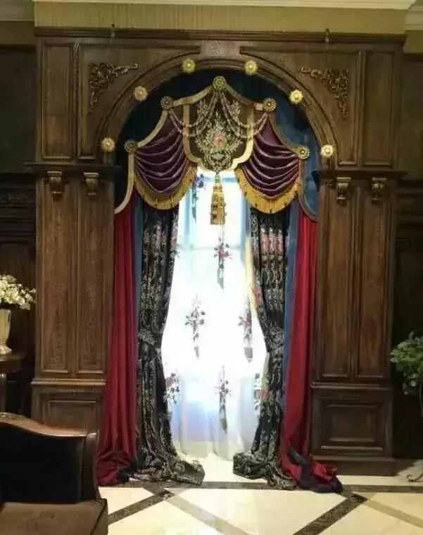 半圆弧窗幔窗帘效果图,别墅窗纱幔头效果图