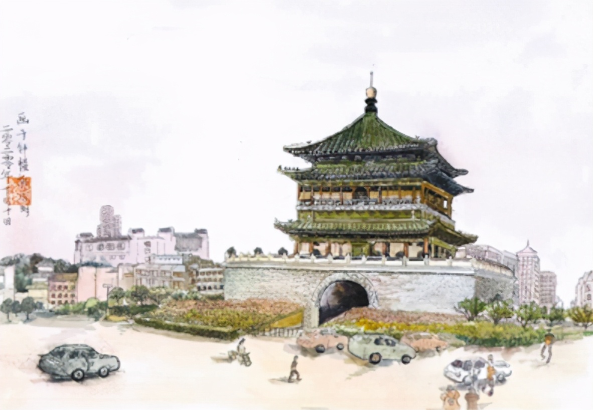 西安历史古建图,西安历史建筑手绘图