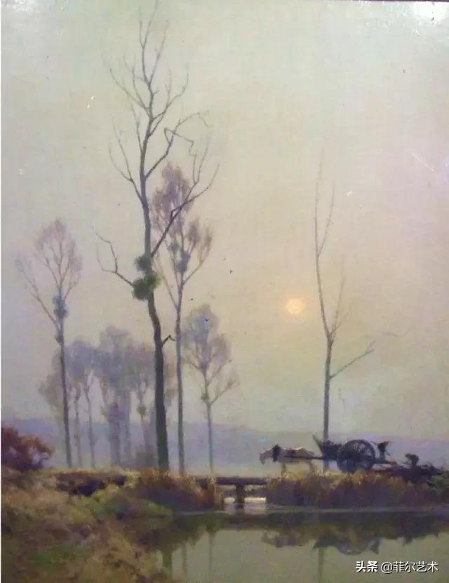 极简油画金色麦田和山,以红蓝为基调的风景油画