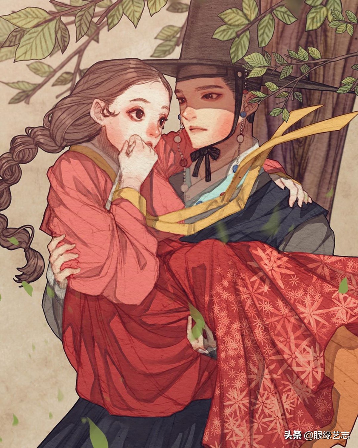 韩式穆夏风插画,韩国传统服饰插画