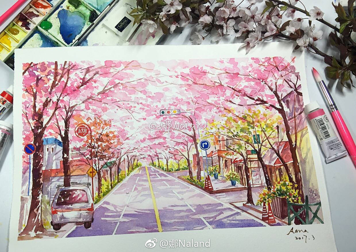 樱花画法水彩教程视频,樱花水彩视频