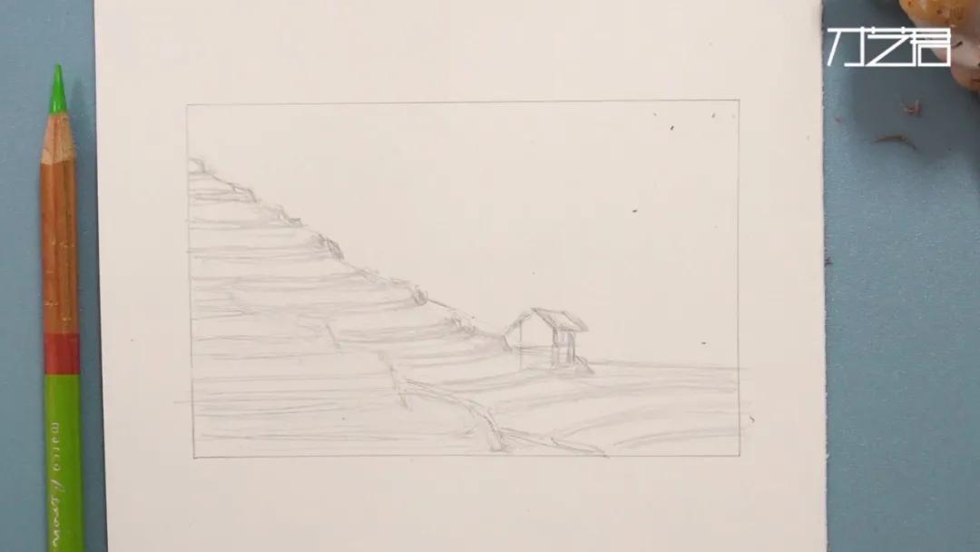 梯田彩铅风景画,彩铅田园风景画步骤教程