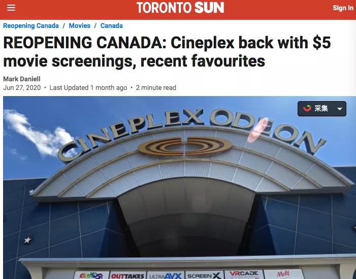 多伦多Cineplex终于开门了！所！有！电！影！$5加币