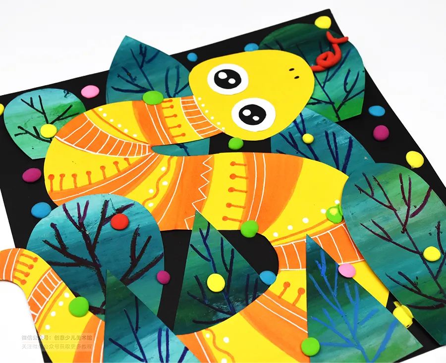 卡纸拼贴画小蛇,儿童画教程创意植物