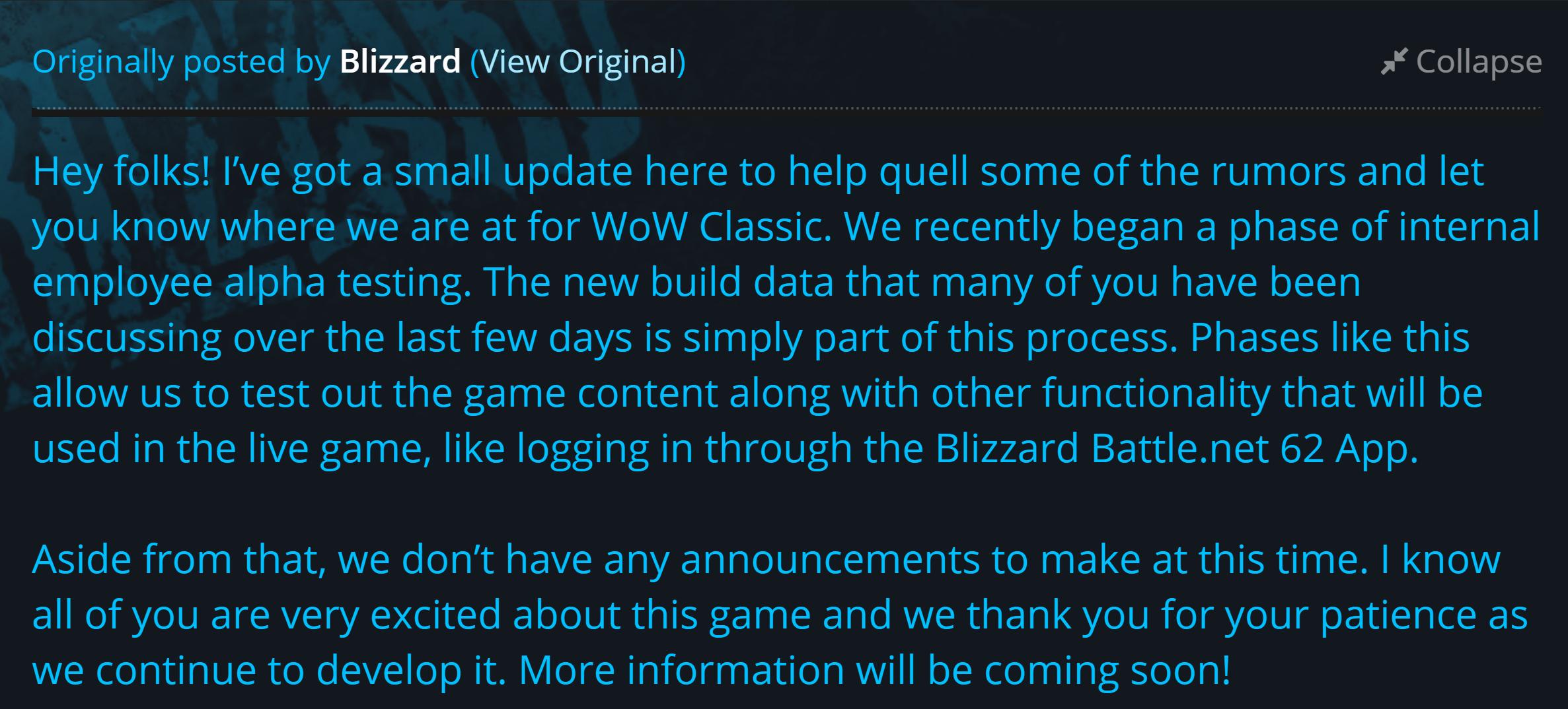 暴雪最新蓝贴,魔兽世界怀旧服开启内测,世界任务奖励装等提升