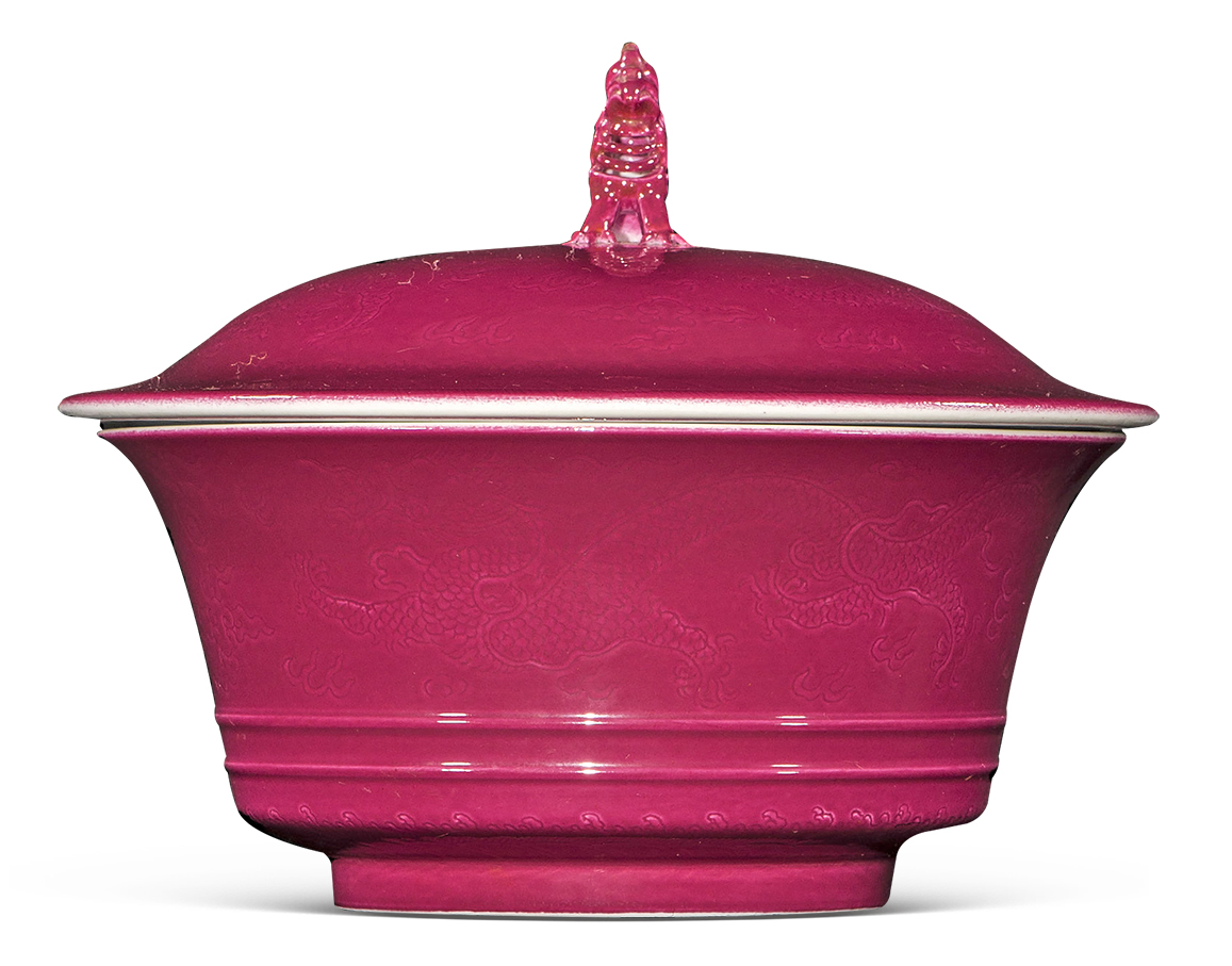 仿雍正胭脂红盖碗直播,雍正胭脂红暗龙纹朱雀纽盖碗