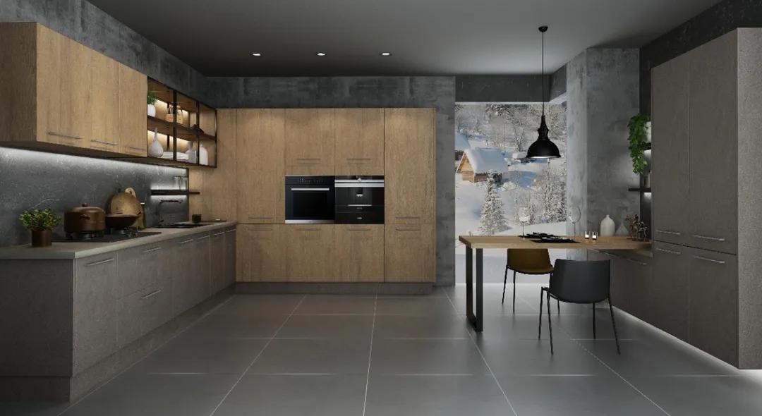 厨房直角吧台和推拉门一体效果图,厨房吧台极简设计效果图最新款