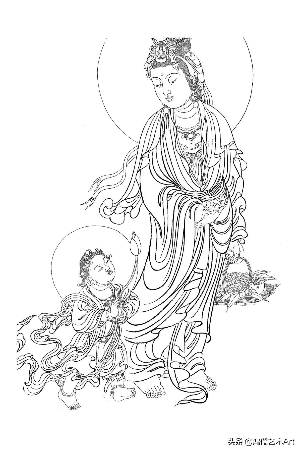 简单观音菩萨白描图片大全,工笔观世音菩萨基础画法步骤详解