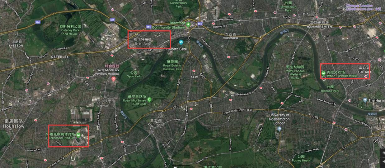 伦敦的著名足球场,用谷歌地图看地方