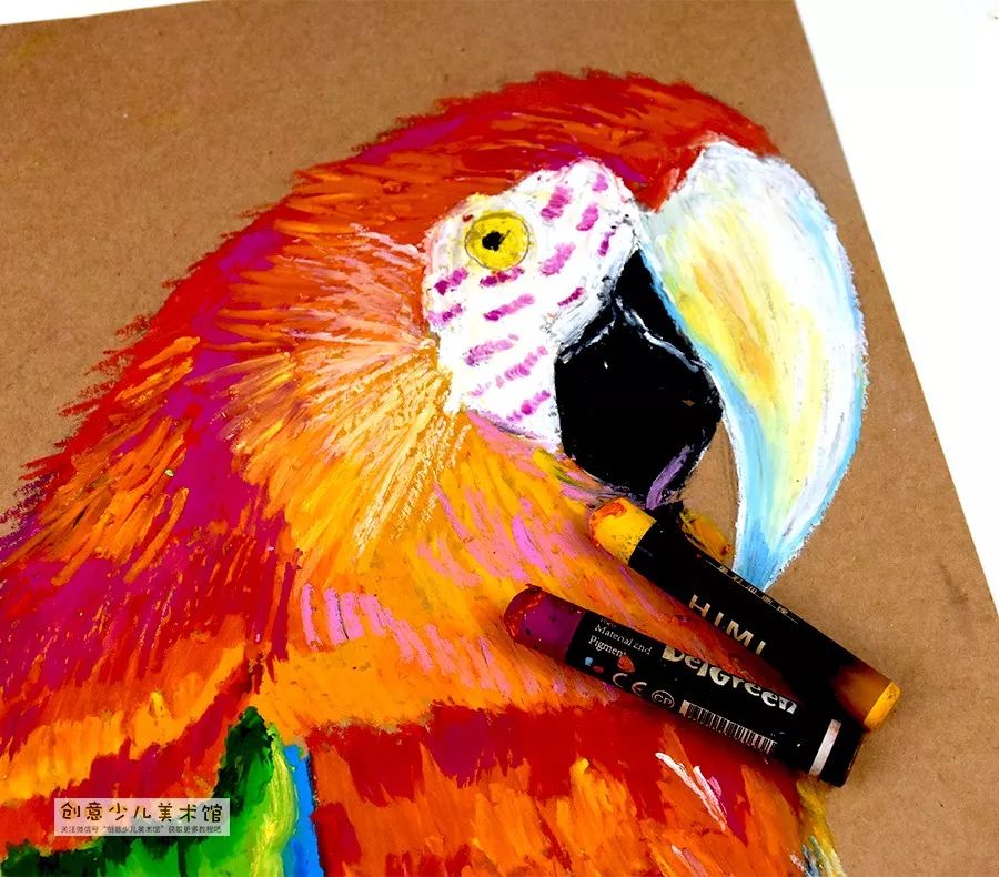 鹦鹉油画棒创意画幼儿,油画棒画动物牡丹鹦鹉教程