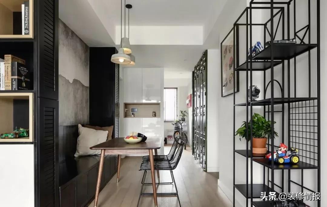 进门就是客餐厅一体卡座设计,餐厅全卡座设计效果图