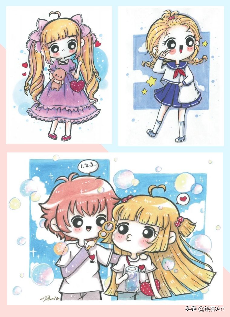 马克笔q版字母怎么画,马克笔手绘漫画少女q版