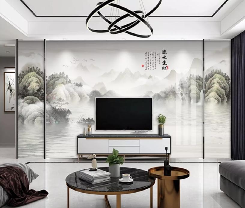 新中式石材背景墙效果图,新中式灰色瓷砖乳胶漆电视背景墙