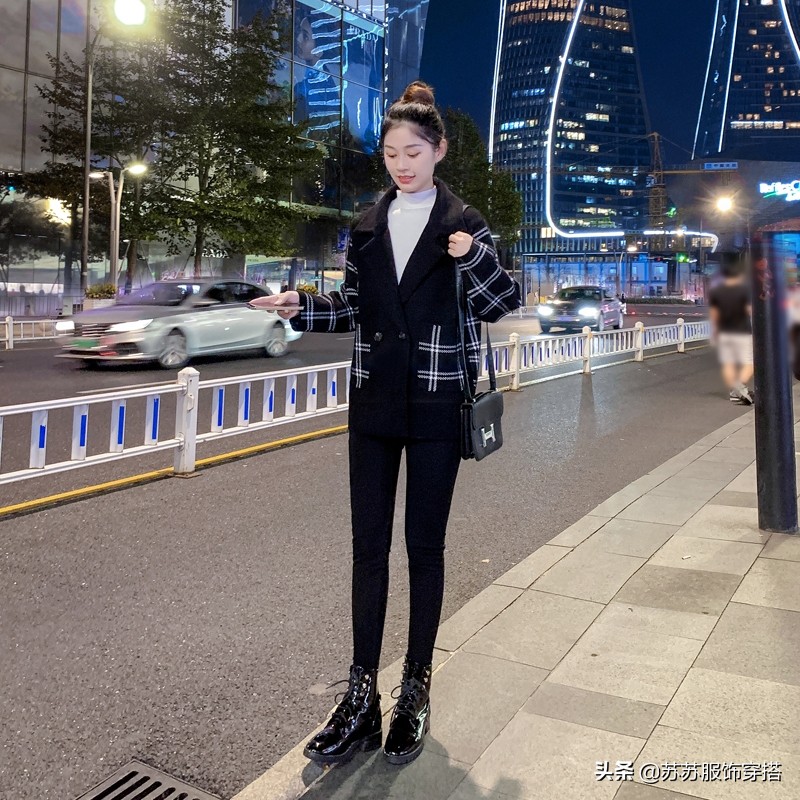 时尚西装领格子外套女秋冬新款韩版宽松小个子呢子大衣