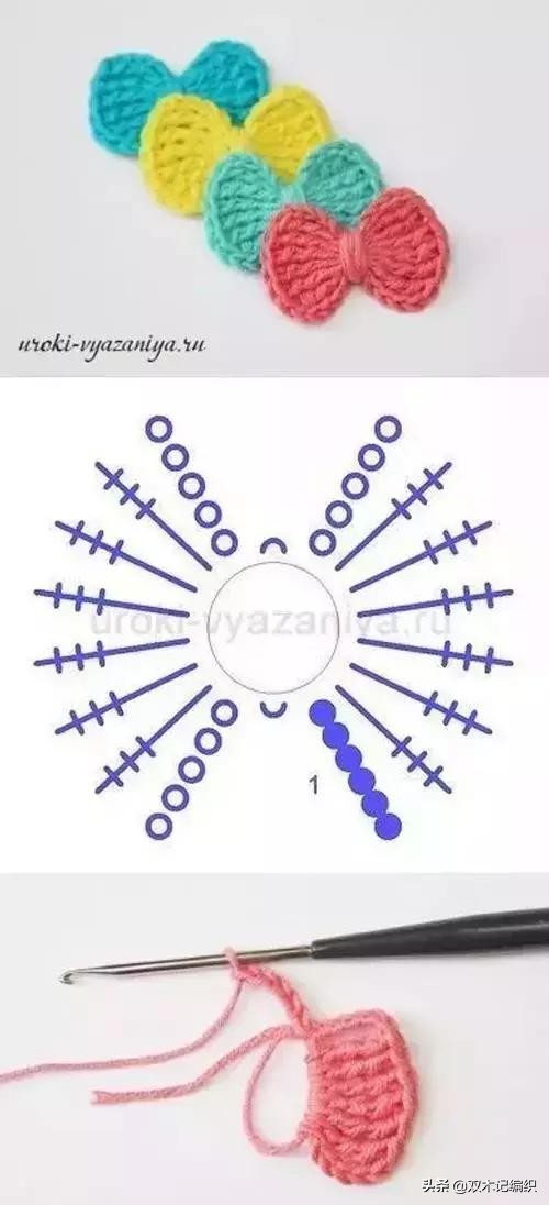 蝴蝶结的钩法教程全过程,金边蝴蝶结钩针详细教程图解