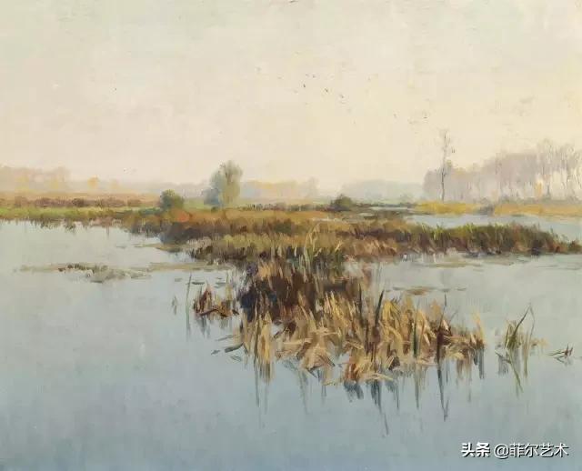 极简油画金色麦田和山,以红蓝为基调的风景油画