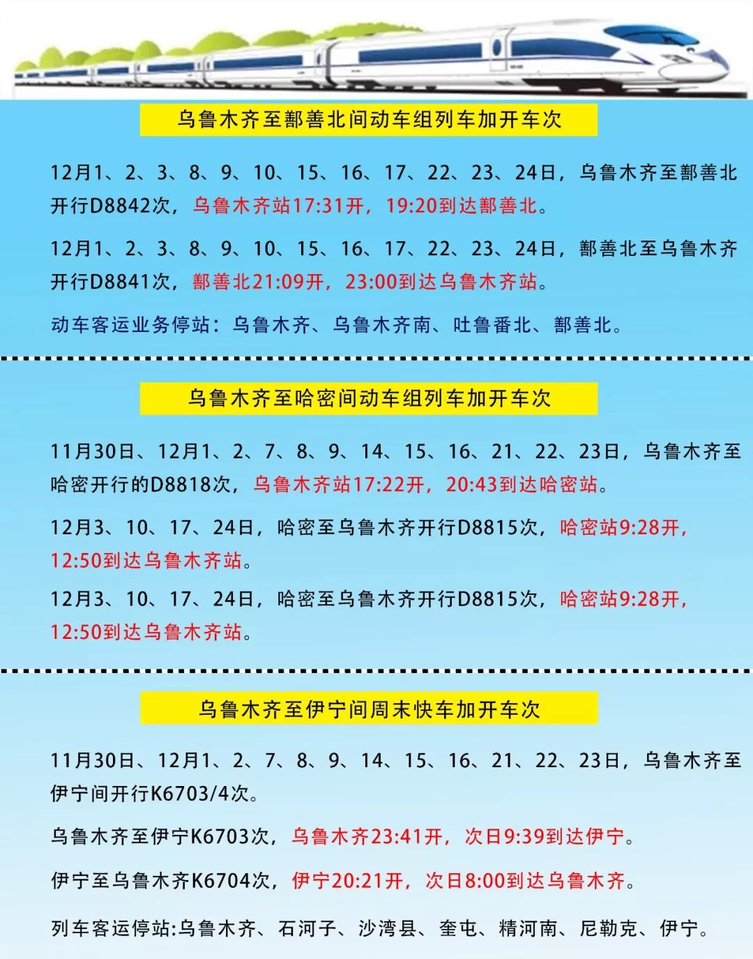 哈密至乌鲁木齐动车提速,新疆铁路将加开旅客列车