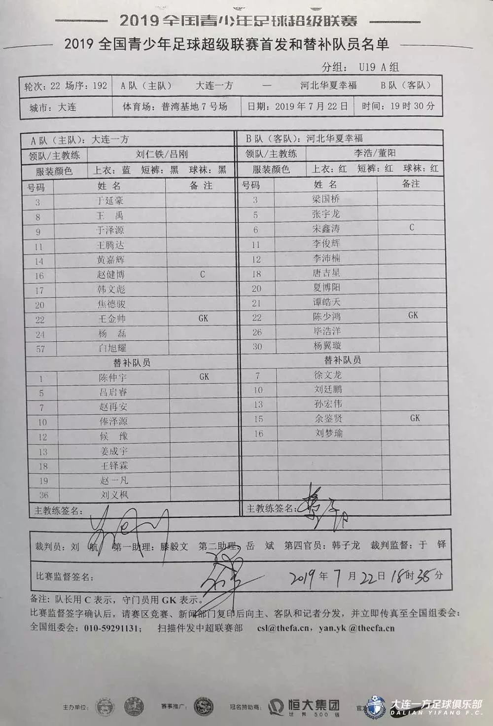 「蓝·青训」青超U19：赵健博帽子戏法大连一方5-1战胜河北华夏幸福
