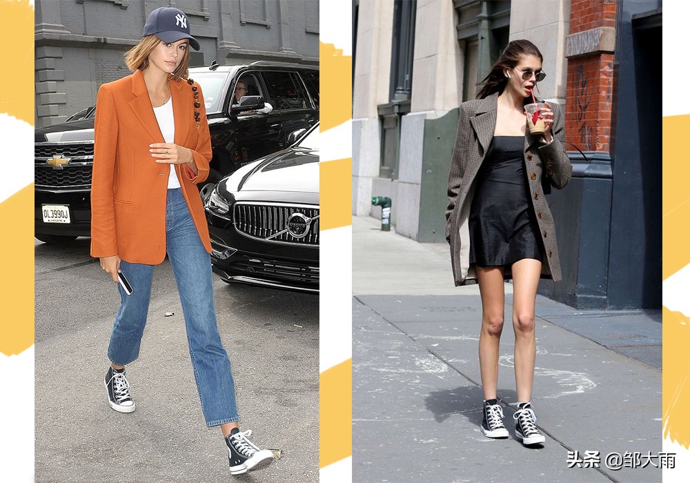 kaia匡威鞋街拍,黑色匡威黑色裤子穿搭