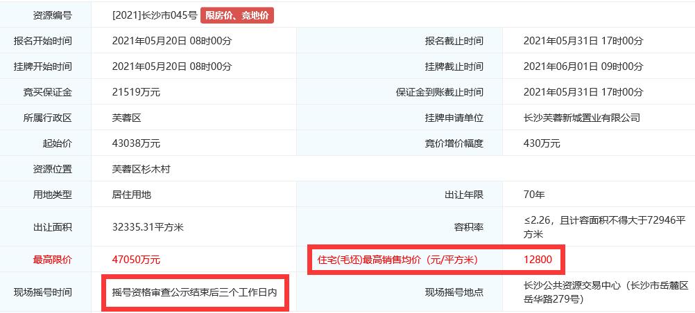 长沙地王挂牌底价成交,最新长沙土拍地王