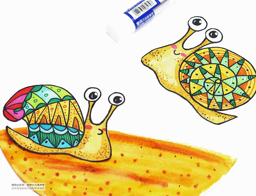 蜗牛妈妈和小蜗牛儿童画,蜗牛创意美术儿童画粘土