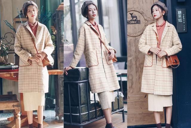 格子大衣搭配女秋冬气质时尚穿搭,膝盖以上的格子大衣搭配裙子