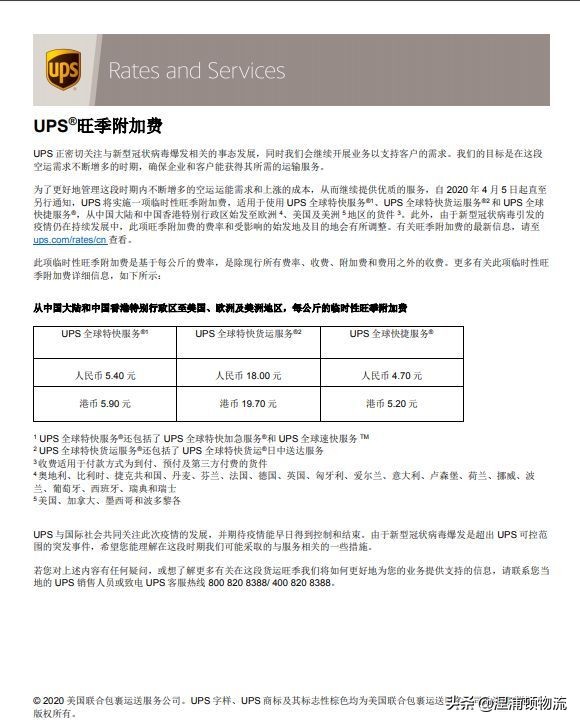 ups国际快递航线附加费多少,ups国际空运服务费