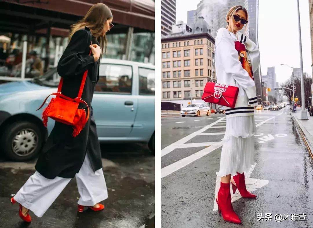 穿红色衣服红色鞋子,红色芭蕾单鞋配牛仔裤