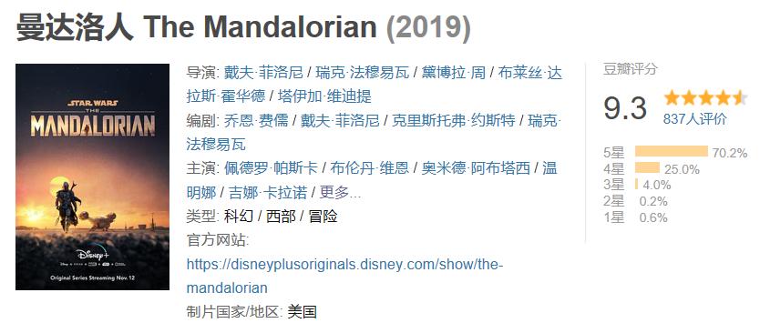 迪士尼+首部星战原创剧开分9.3！网飞还能保住铁王座吗？