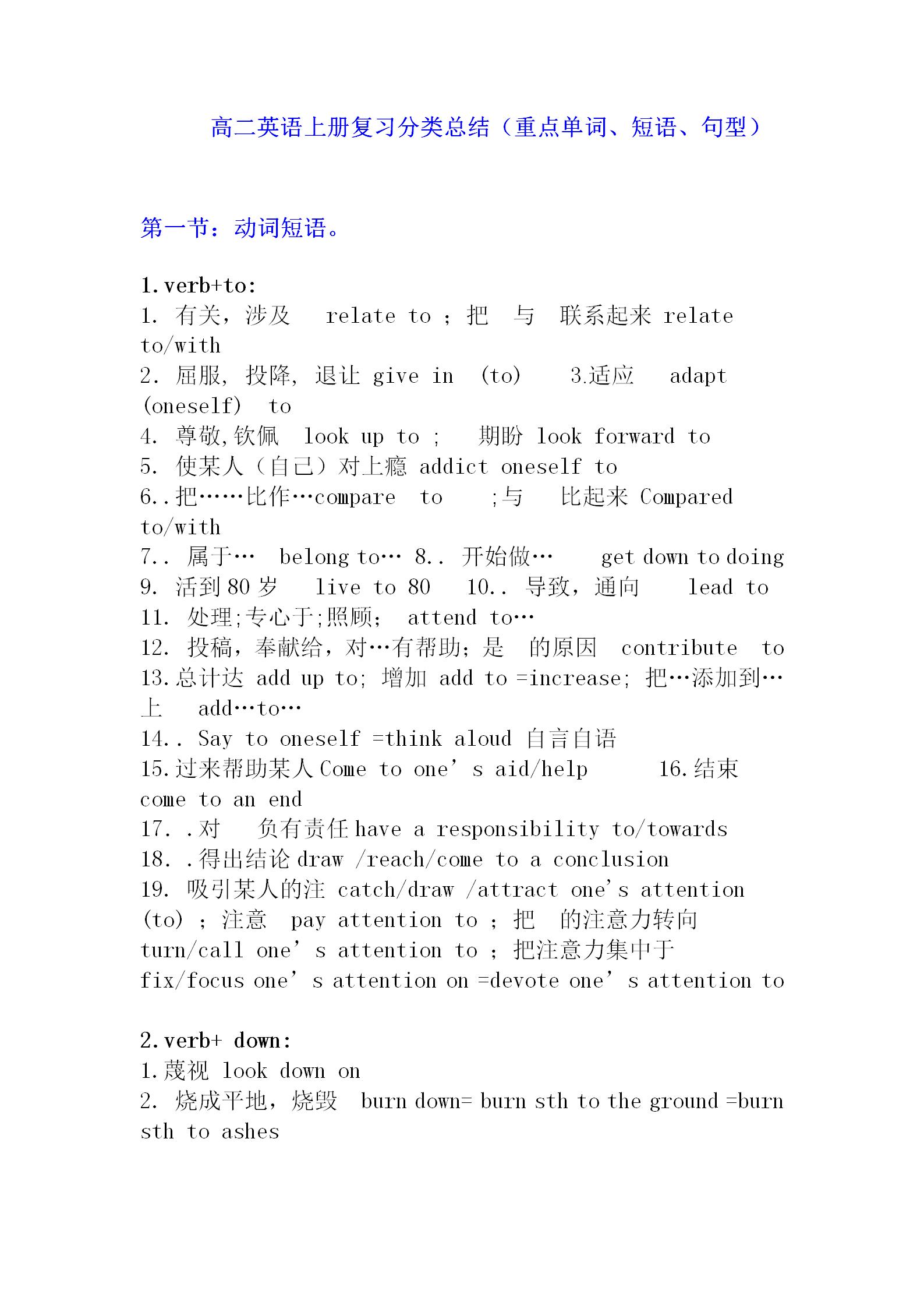 最新人教新课标高二英语上册复习分类总结重点单词、短语、句型