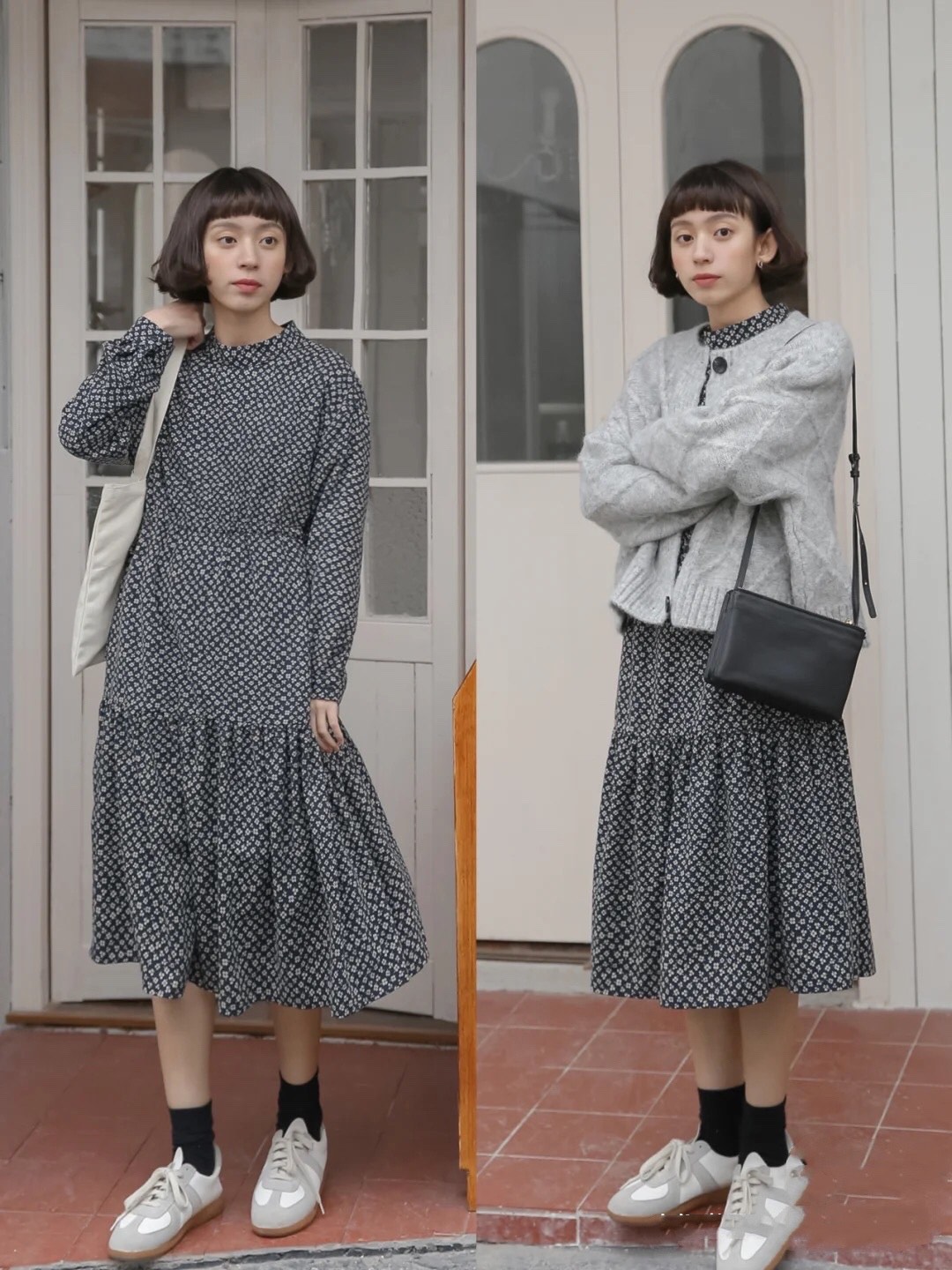 秋冬洋气时髦连衣裙拼接,米色针织连衣裙搭配黑色羽绒服