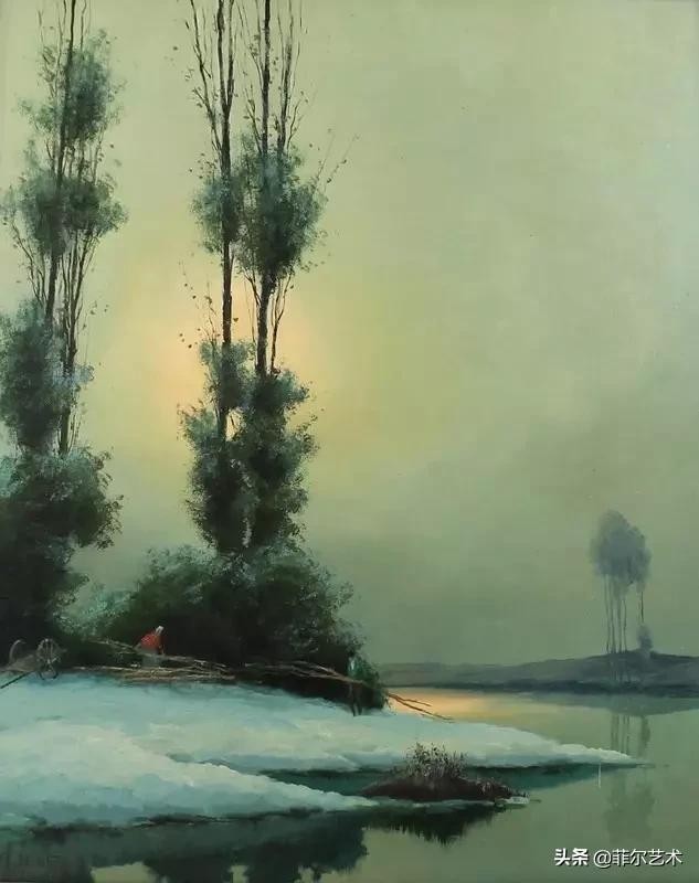 极简油画金色麦田和山,以红蓝为基调的风景油画