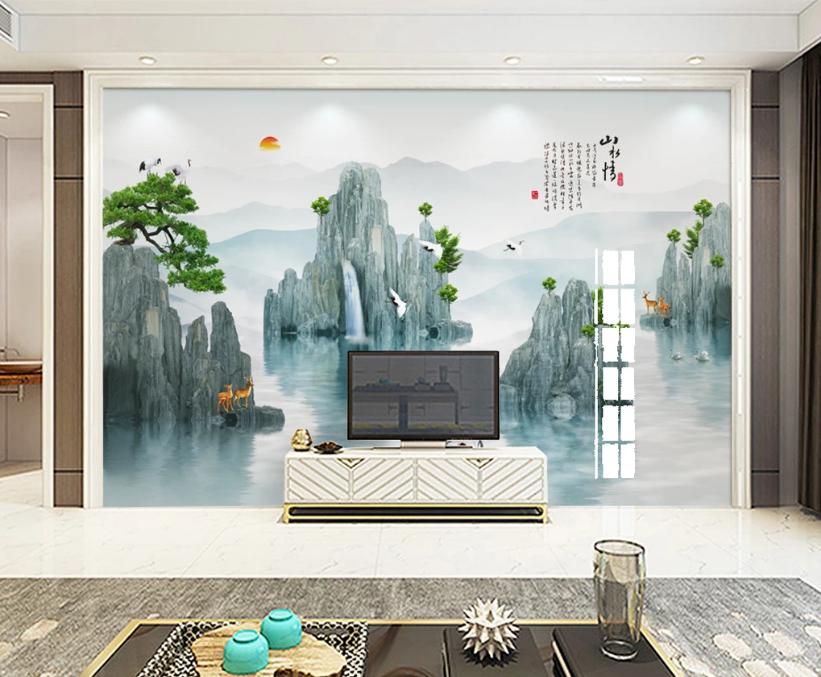 新中式石材背景墙效果图,新中式灰色瓷砖乳胶漆电视背景墙