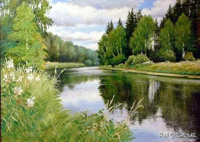 美丽又简单的远山倒影油画,风景优美的小河油画