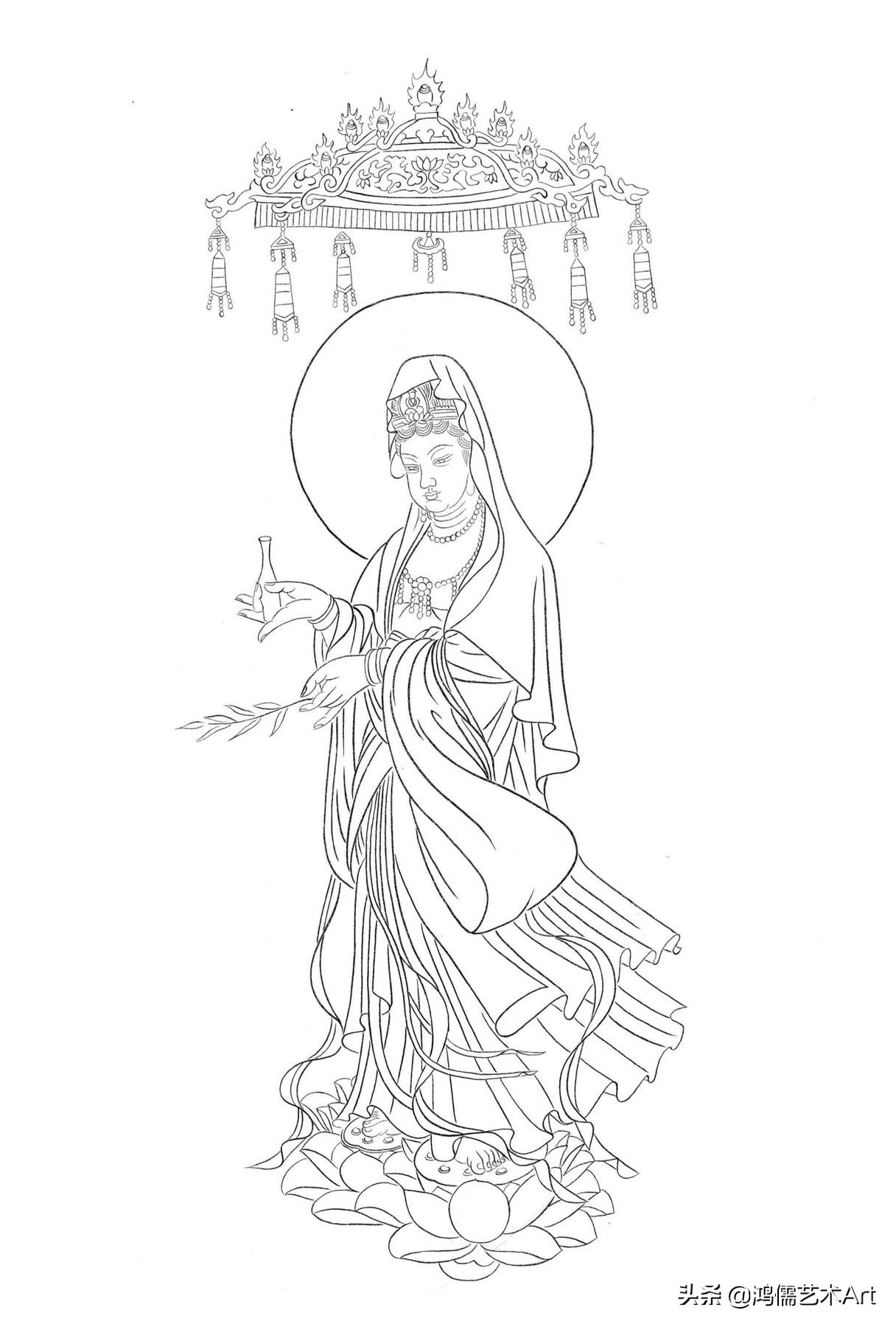 简单观音菩萨白描图片大全,工笔观世音菩萨基础画法步骤详解
